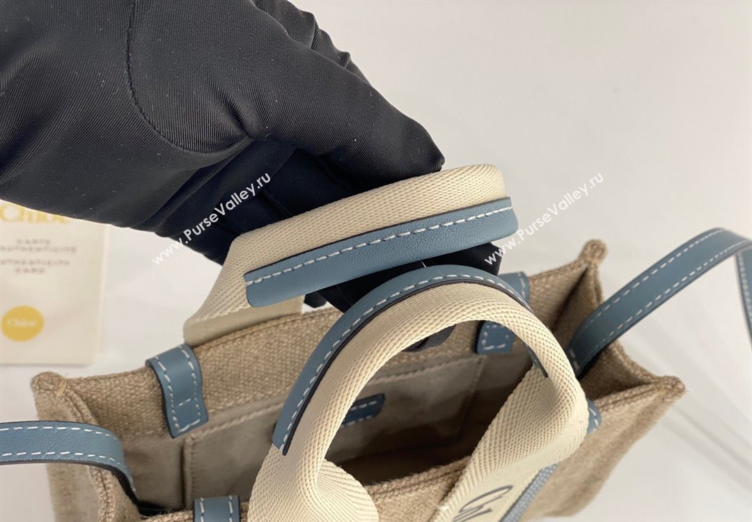 Chloe Mini Woody Tote Bag in Linen Canvas and Calfskin Leather Denim Blue 2025 1120 (DLA-251120093)