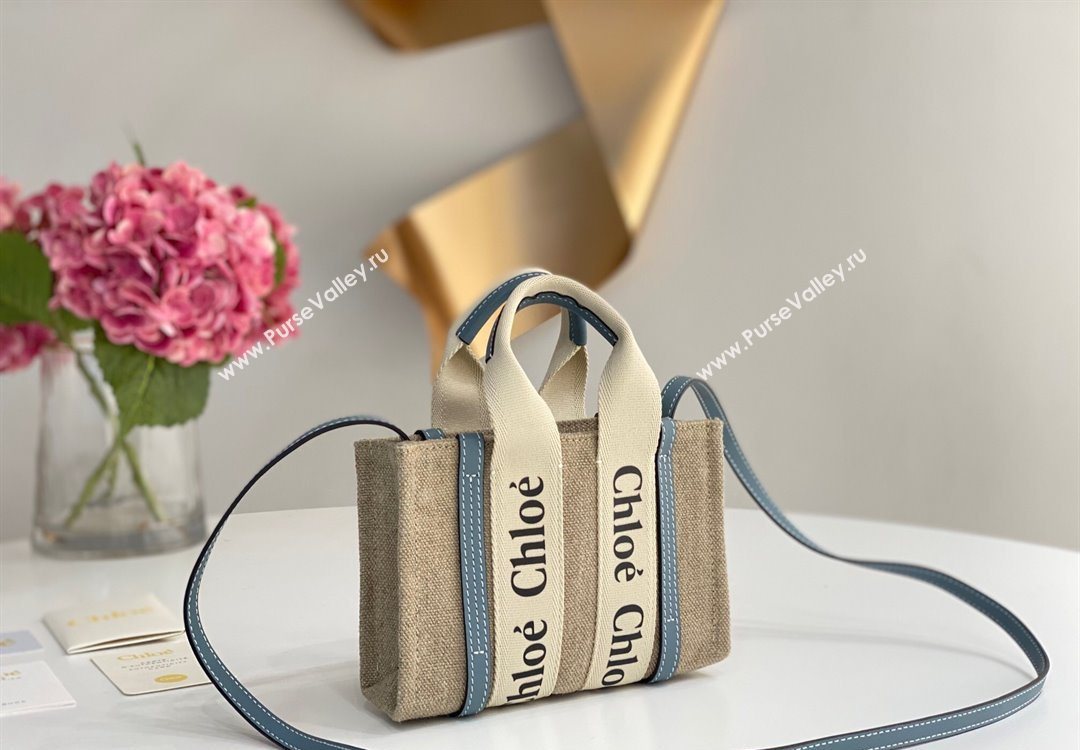 Chloe Mini Woody Tote Bag in Linen Canvas and Calfskin Leather Denim Blue 2025 1120 (DLA-251120093)
