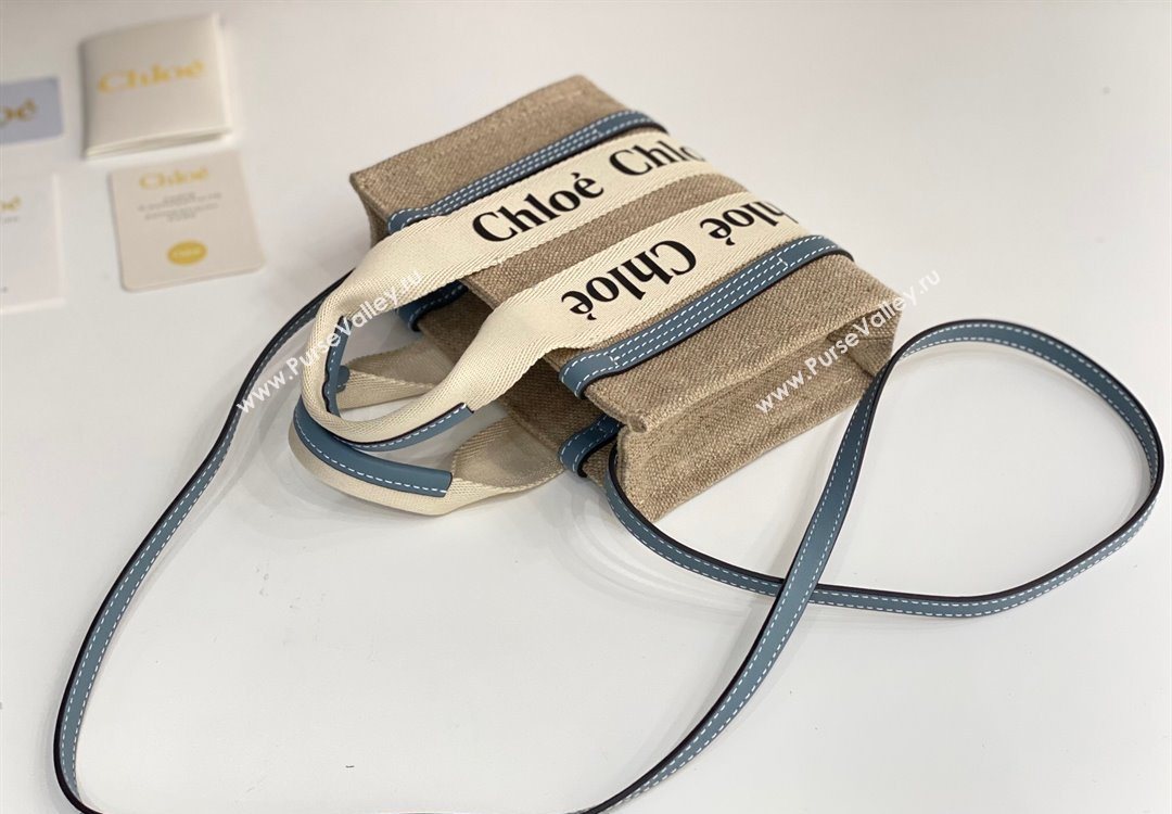 Chloe Mini Woody Tote Bag in Linen Canvas and Calfskin Leather Denim Blue 2025 1120 (DLA-251120093)