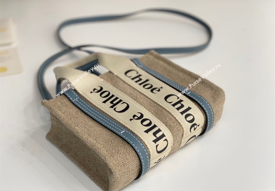 Chloe Mini Woody Tote Bag in Linen Canvas and Calfskin Leather Denim Blue 2025 1120 (DLA-251120093)