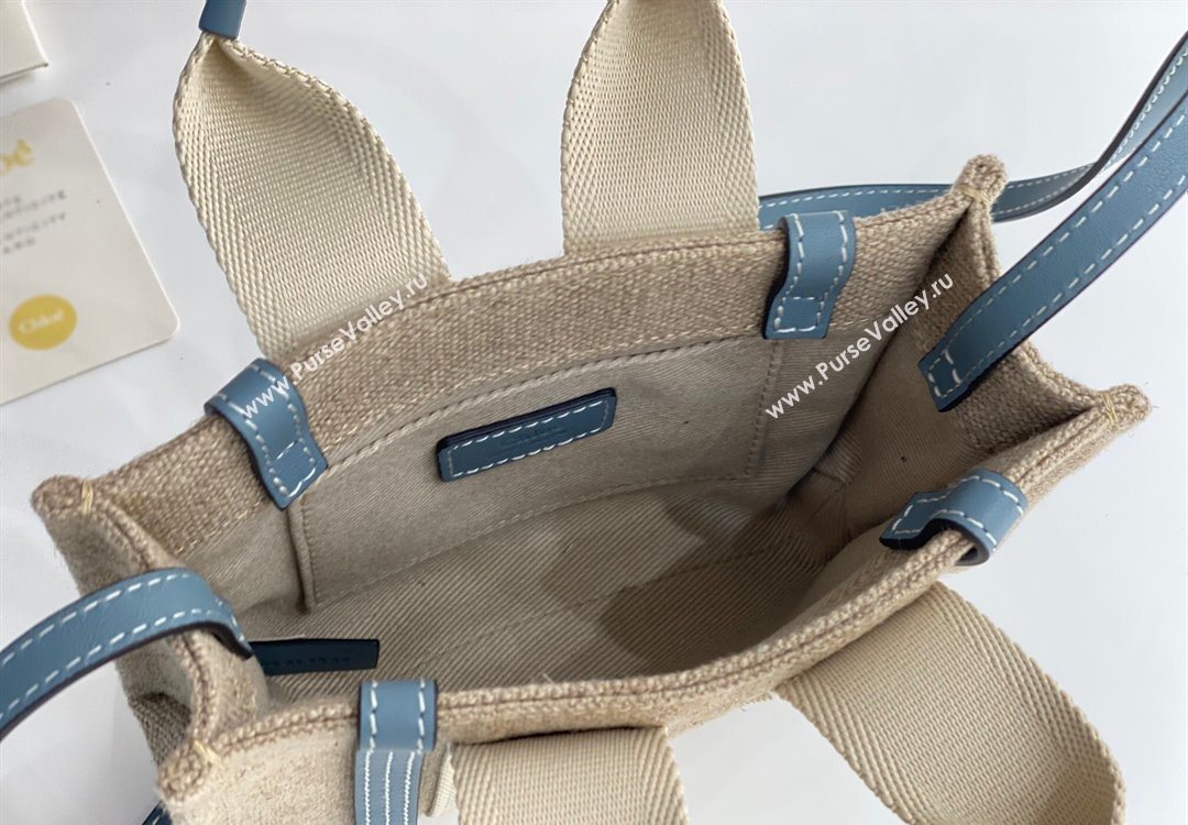 Chloe Mini Woody Tote Bag in Linen Canvas and Calfskin Leather Denim Blue 2025 1120 (DLA-251120093)