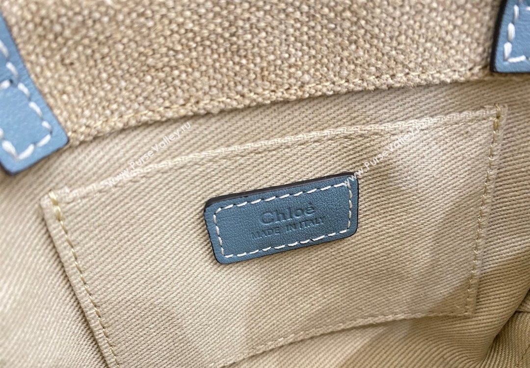 Chloe Mini Woody Tote Bag in Linen Canvas and Calfskin Leather Denim Blue 2025 1120 (DLA-251120093)