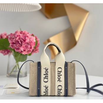Chloe Mini Woody Tote Bag in Linen Canvas and Calfskin Leather Dark Blue 2025 1120 (DLA-251120092)