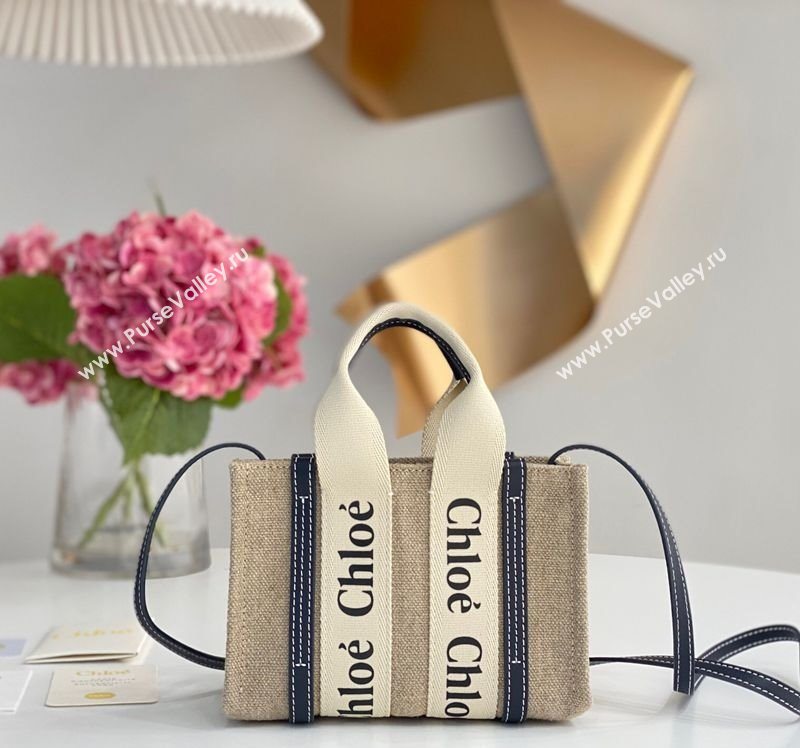 Chloe Mini Woody Tote Bag in Linen Canvas and Calfskin Leather Dark Blue 2025 1120 (DLA-251120092)