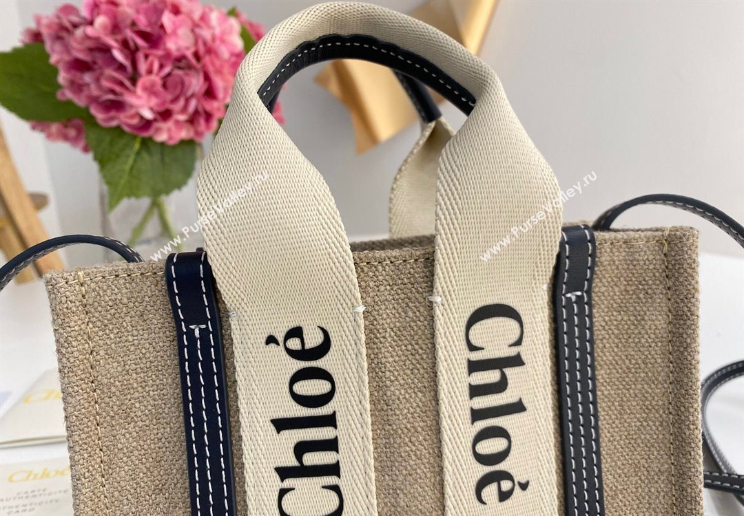 Chloe Mini Woody Tote Bag in Linen Canvas and Calfskin Leather Dark Blue 2025 1120 (DLA-251120092)