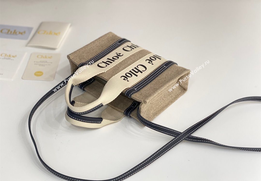 Chloe Mini Woody Tote Bag in Linen Canvas and Calfskin Leather Dark Blue 2025 1120 (DLA-251120092)