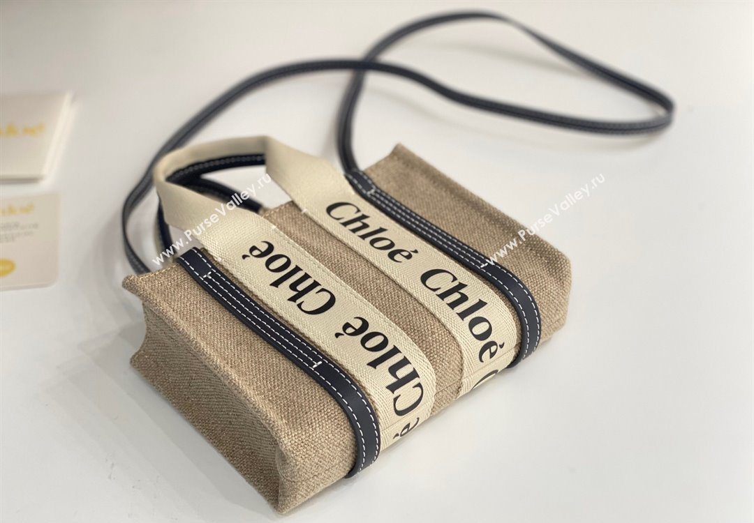 Chloe Mini Woody Tote Bag in Linen Canvas and Calfskin Leather Dark Blue 2025 1120 (DLA-251120092)