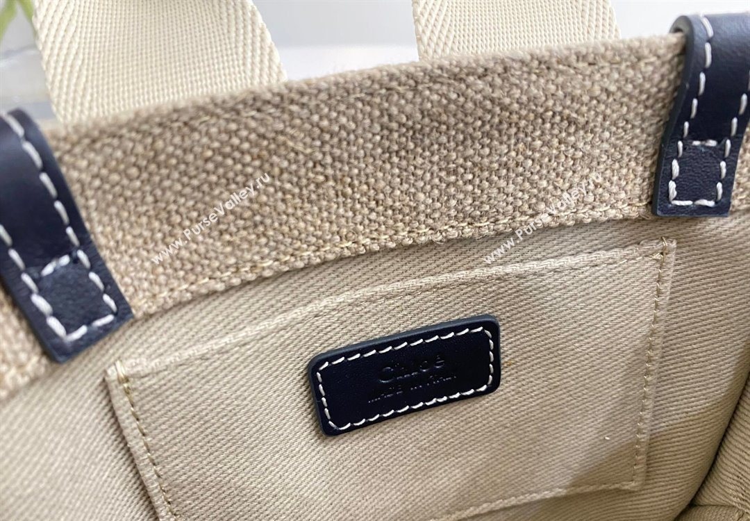 Chloe Mini Woody Tote Bag in Linen Canvas and Calfskin Leather Dark Blue 2025 1120 (DLA-251120092)