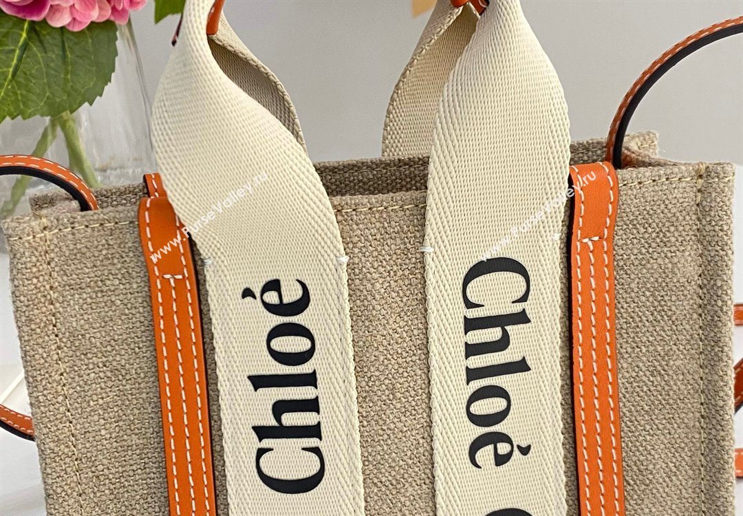 Chloe Mini Woody Tote Bag in Linen Canvas and Calfskin Leather Orange 2025 1120 (DLA-251120094)