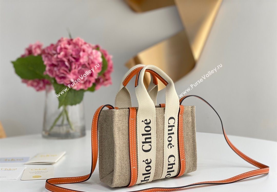 Chloe Mini Woody Tote Bag in Linen Canvas and Calfskin Leather Orange 2025 1120 (DLA-251120094)