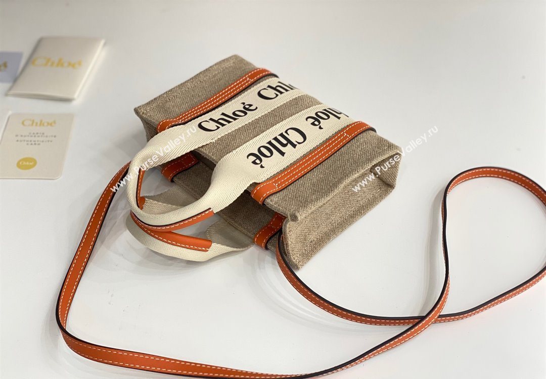 Chloe Mini Woody Tote Bag in Linen Canvas and Calfskin Leather Orange 2025 1120 (DLA-251120094)