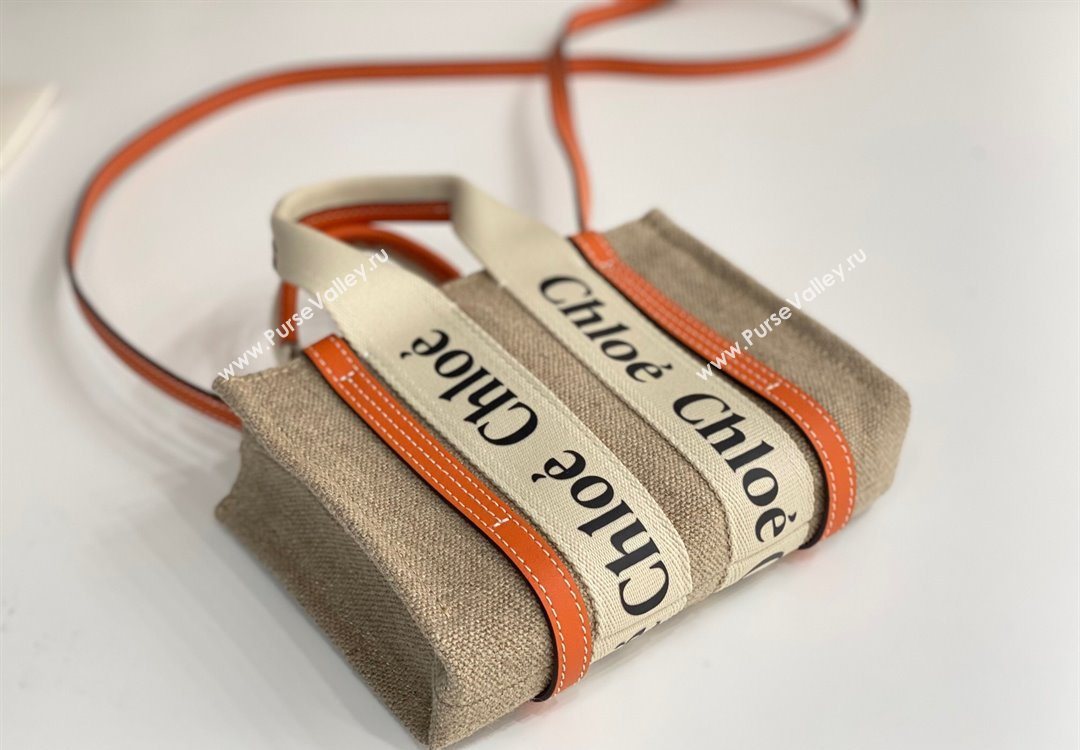 Chloe Mini Woody Tote Bag in Linen Canvas and Calfskin Leather Orange 2025 1120 (DLA-251120094)
