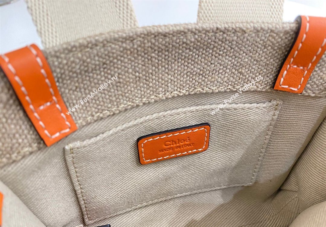Chloe Mini Woody Tote Bag in Linen Canvas and Calfskin Leather Orange 2025 1120 (DLA-251120094)
