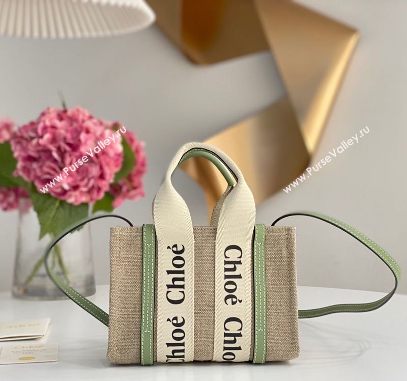 Chloe Mini Woody Tote Bag in Linen Canvas and Calfskin Leather Light Green 2025 1120 (DLA-251120095)