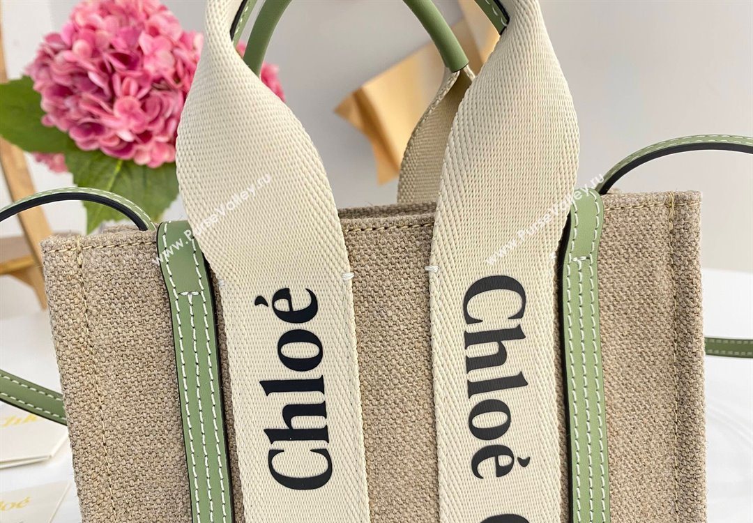 Chloe Mini Woody Tote Bag in Linen Canvas and Calfskin Leather Light Green 2025 1120 (DLA-251120095)