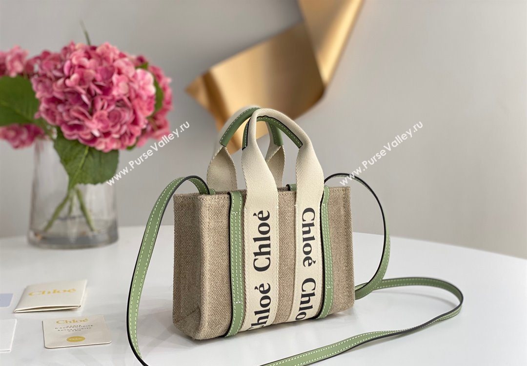 Chloe Mini Woody Tote Bag in Linen Canvas and Calfskin Leather Light Green 2025 1120 (DLA-251120095)
