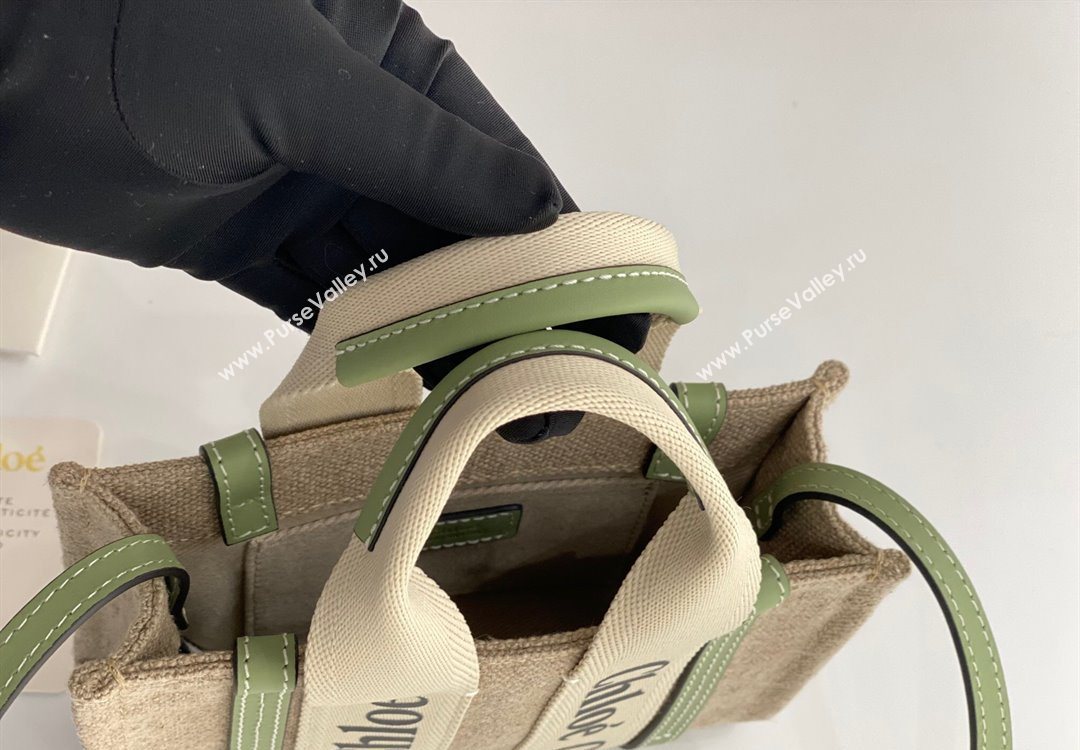 Chloe Mini Woody Tote Bag in Linen Canvas and Calfskin Leather Light Green 2025 1120 (DLA-251120095)
