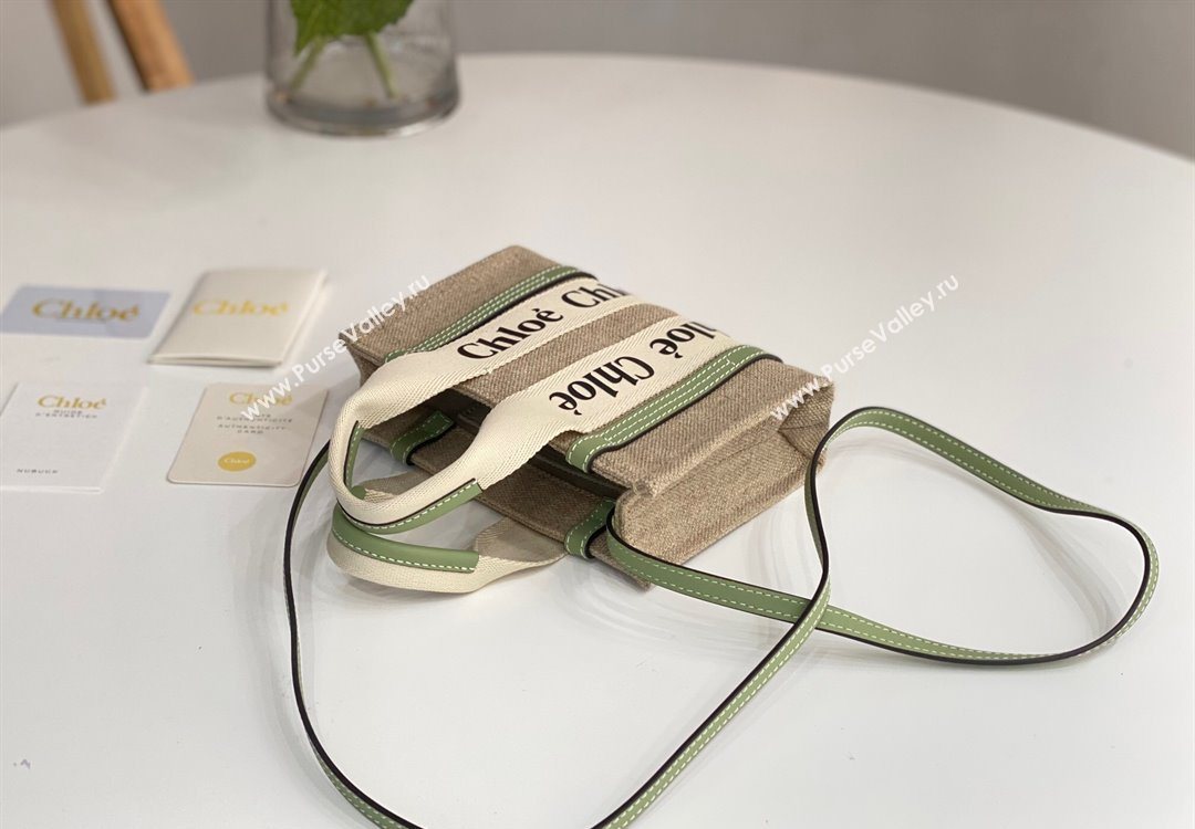 Chloe Mini Woody Tote Bag in Linen Canvas and Calfskin Leather Light Green 2025 1120 (DLA-251120095)