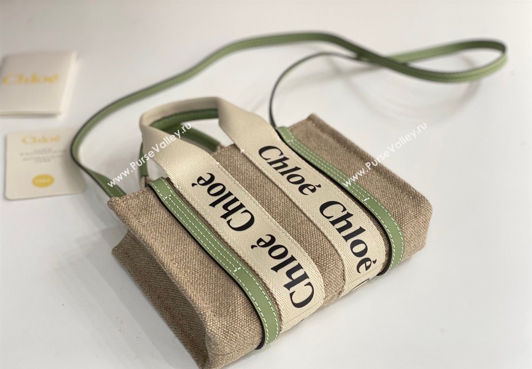 Chloe Mini Woody Tote Bag in Linen Canvas and Calfskin Leather Light Green 2025 1120 (DLA-251120095)