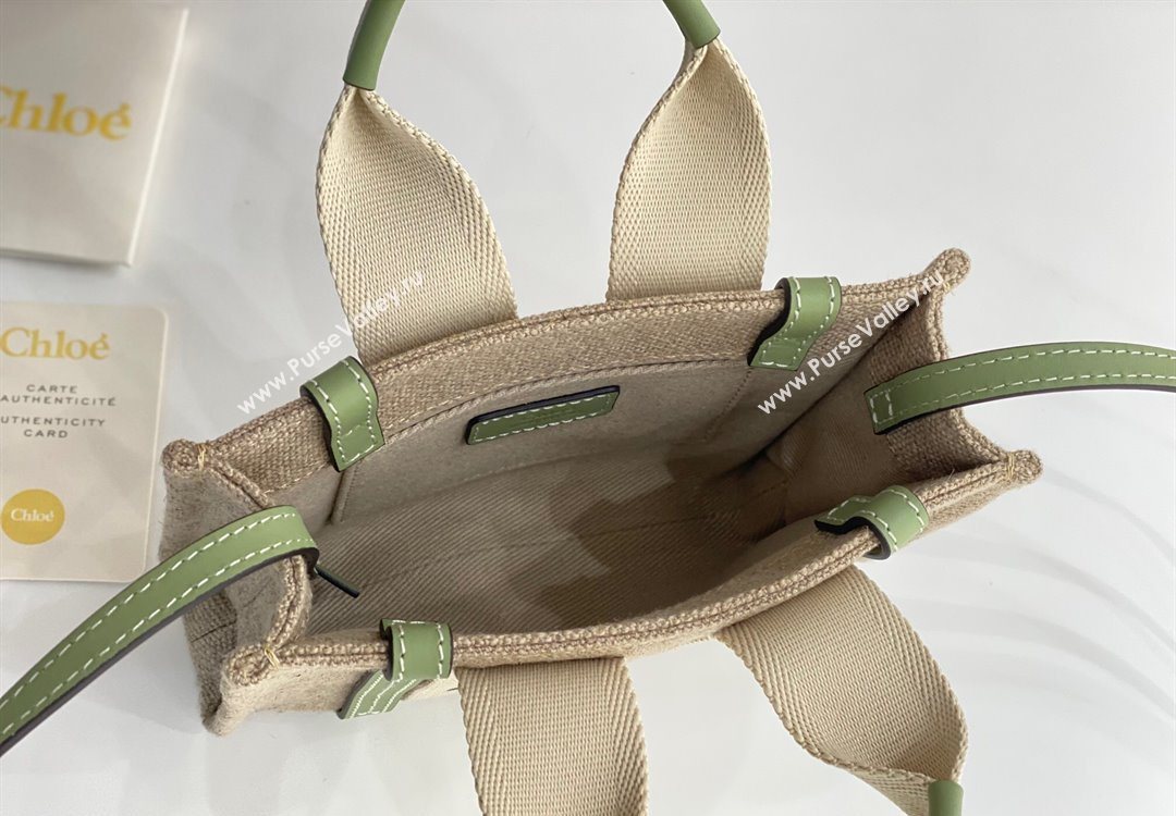 Chloe Mini Woody Tote Bag in Linen Canvas and Calfskin Leather Light Green 2025 1120 (DLA-251120095)