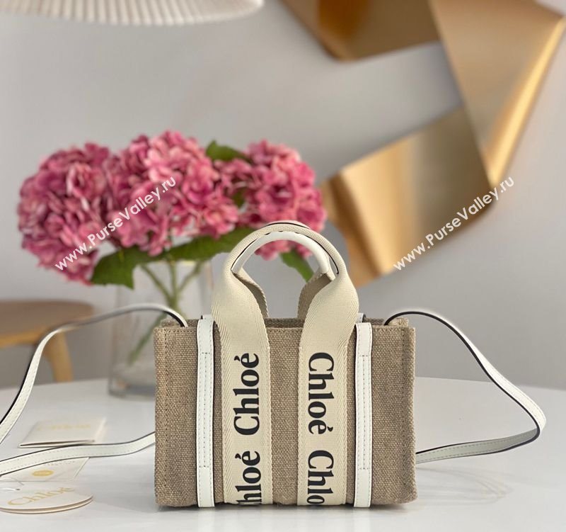 Chloe Mini Woody Tote Bag in Linen Canvas and Calfskin Leather White 2025 1120 (DLA-251120096)