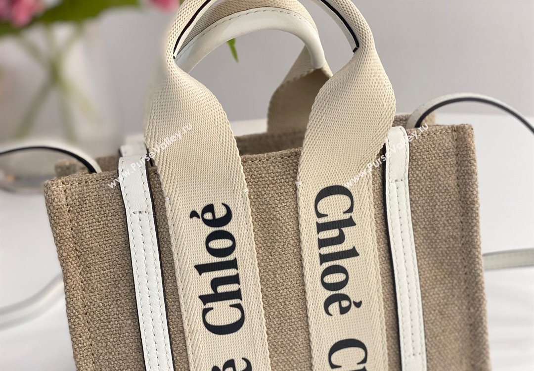 Chloe Mini Woody Tote Bag in Linen Canvas and Calfskin Leather White 2025 1120 (DLA-251120096)