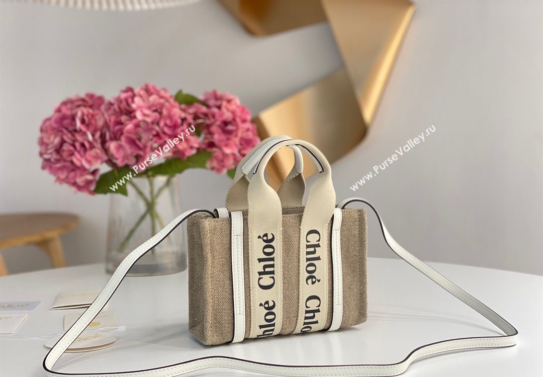 Chloe Mini Woody Tote Bag in Linen Canvas and Calfskin Leather White 2025 1120 (DLA-251120096)