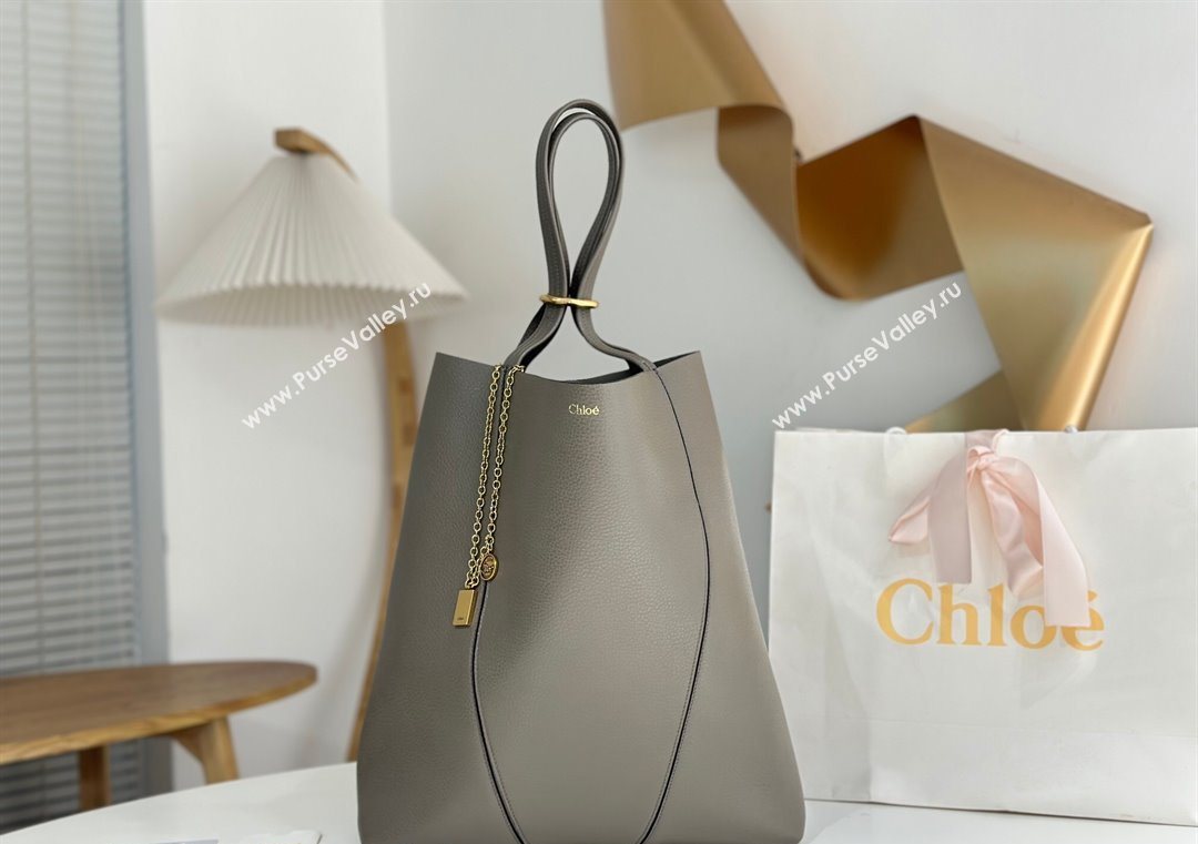 Chloe Large Spin Tote Bag in Grained Leather Grey 2025 1120 (DLA-251120042)