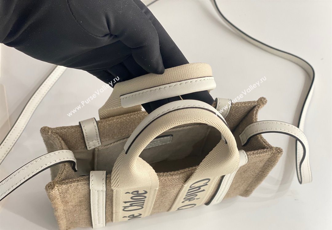 Chloe Mini Woody Tote Bag in Linen Canvas and Calfskin Leather White 2025 1120 (DLA-251120096)