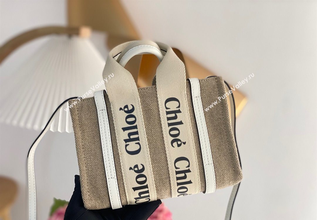 Chloe Mini Woody Tote Bag in Linen Canvas and Calfskin Leather White 2025 1120 (DLA-251120096)