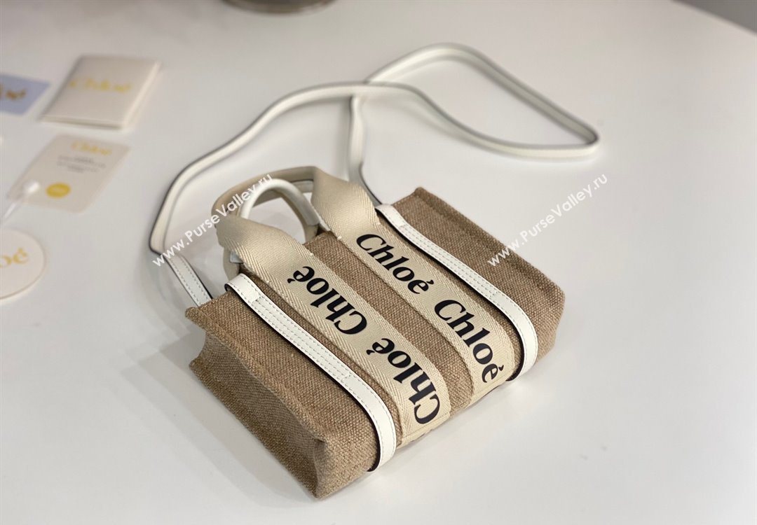 Chloe Mini Woody Tote Bag in Linen Canvas and Calfskin Leather White 2025 1120 (DLA-251120096)