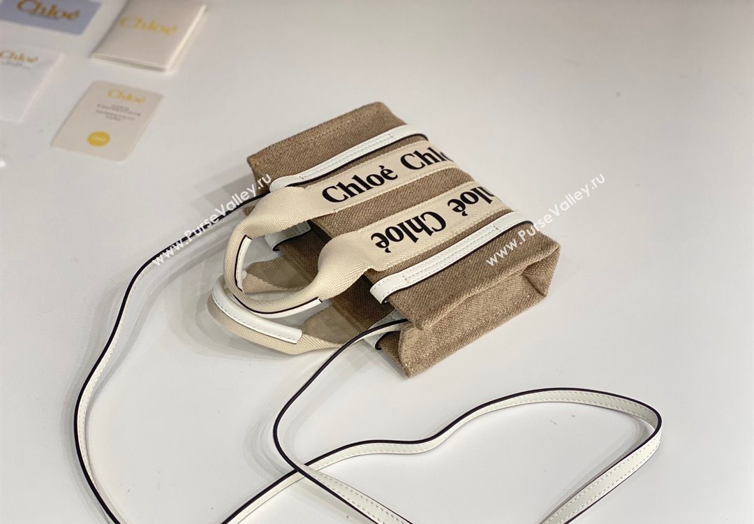 Chloe Mini Woody Tote Bag in Linen Canvas and Calfskin Leather White 2025 1120 (DLA-251120096)