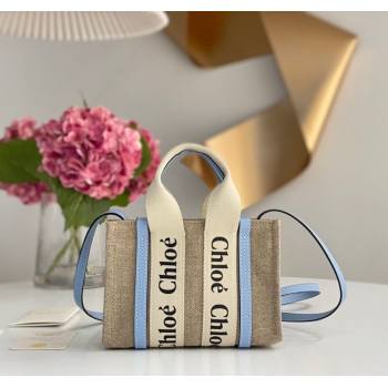 Chloe Mini Woody Tote Bag in Linen Canvas and Calfskin Leather Light Blue 2025 1120 (DLA-251120097)