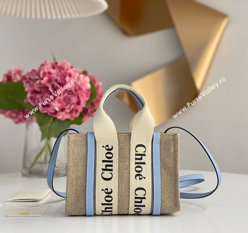 Chloe Mini Woody Tote Bag in Linen Canvas and Calfskin Leather Light Blue 2025 1120 (DLA-251120097)