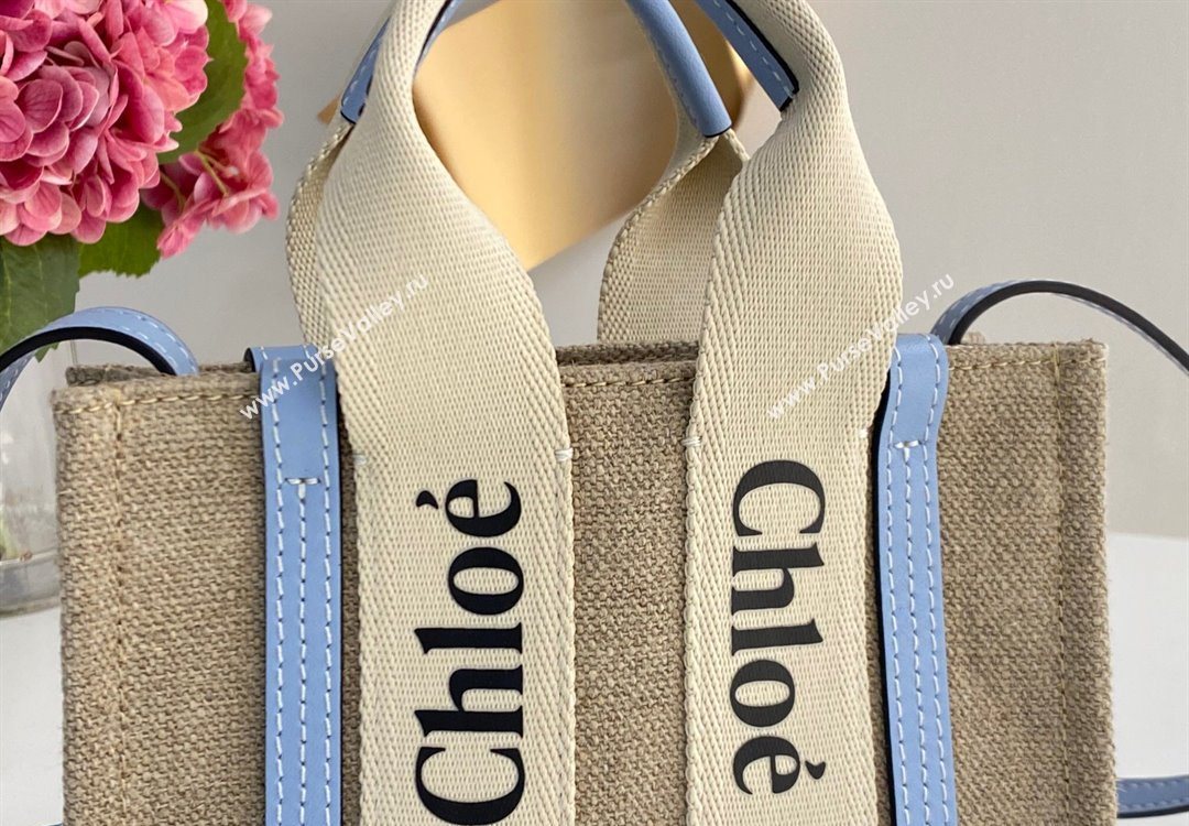 Chloe Mini Woody Tote Bag in Linen Canvas and Calfskin Leather Light Blue 2025 1120 (DLA-251120097)