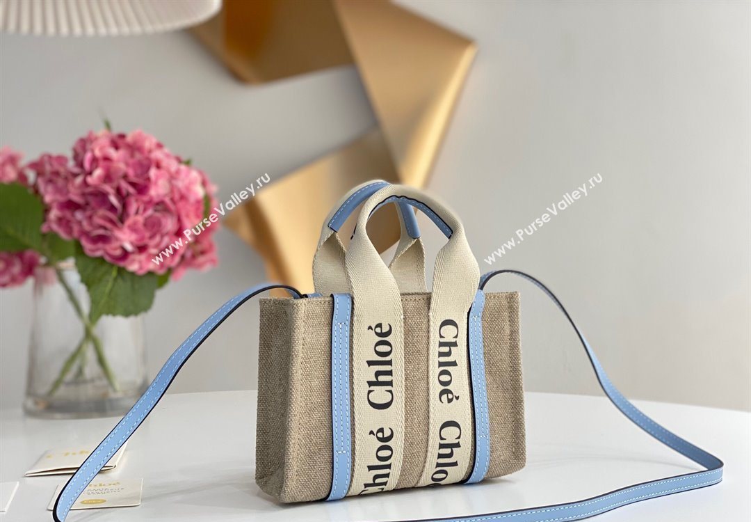 Chloe Mini Woody Tote Bag in Linen Canvas and Calfskin Leather Light Blue 2025 1120 (DLA-251120097)