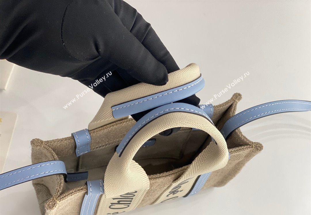 Chloe Mini Woody Tote Bag in Linen Canvas and Calfskin Leather Light Blue 2025 1120 (DLA-251120097)