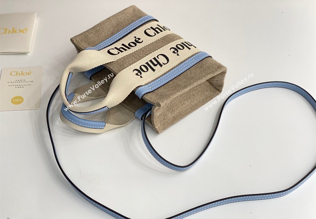 Chloe Mini Woody Tote Bag in Linen Canvas and Calfskin Leather Light Blue 2025 1120 (DLA-251120097)