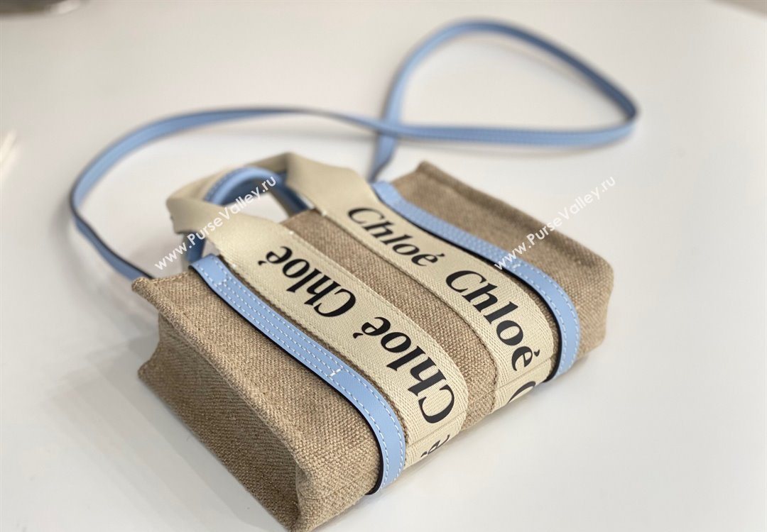 Chloe Mini Woody Tote Bag in Linen Canvas and Calfskin Leather Light Blue 2025 1120 (DLA-251120097)