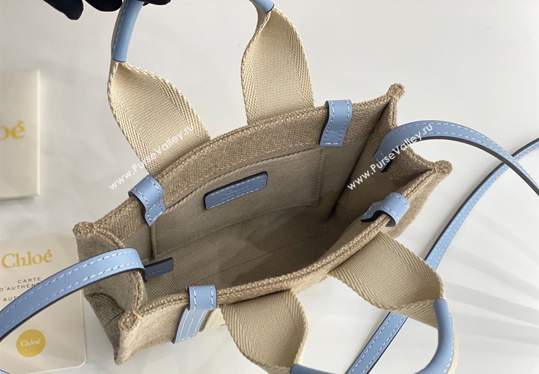 Chloe Mini Woody Tote Bag in Linen Canvas and Calfskin Leather Light Blue 2025 1120 (DLA-251120097)