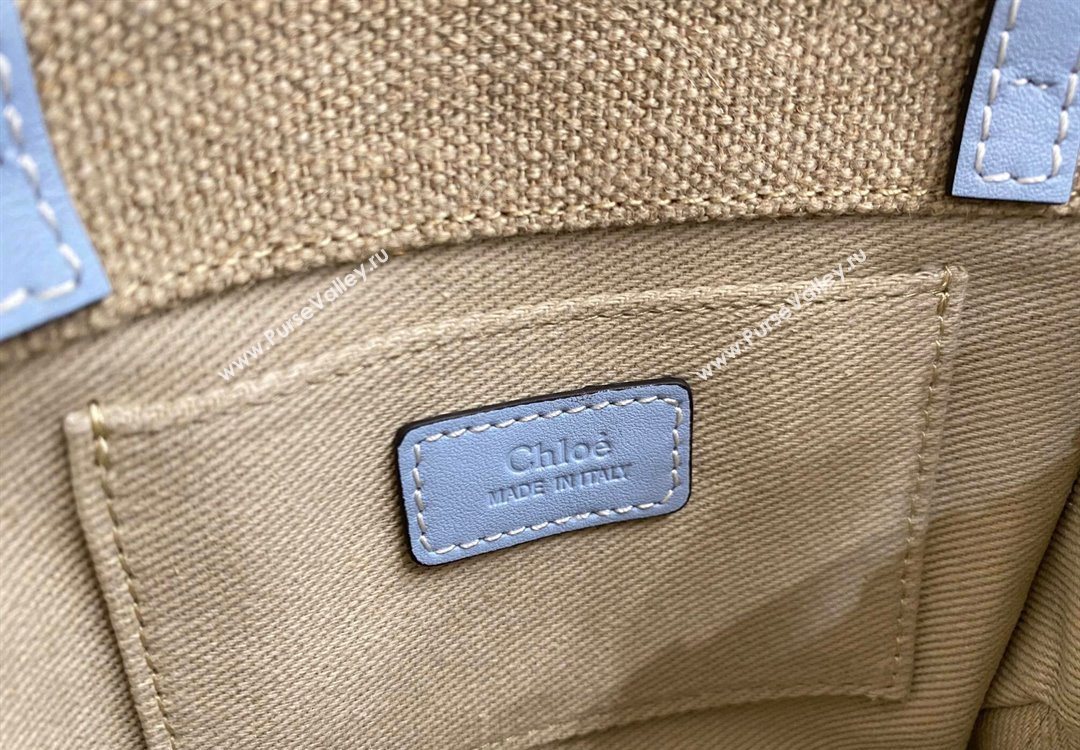 Chloe Mini Woody Tote Bag in Linen Canvas and Calfskin Leather Light Blue 2025 1120 (DLA-251120097)