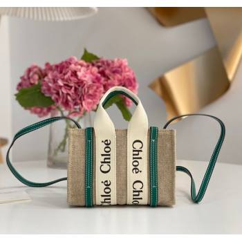 Chloe Mini Woody Tote Bag in Linen Canvas and Calfskin Leather Dark Green 2025 1120 (DLA-251120098)