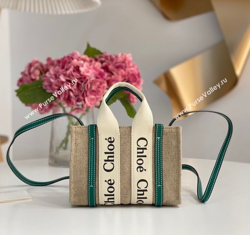 Chloe Mini Woody Tote Bag in Linen Canvas and Calfskin Leather Dark Green 2025 1120 (DLA-251120098)