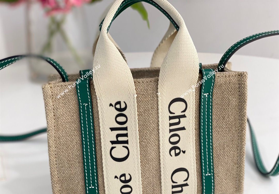 Chloe Mini Woody Tote Bag in Linen Canvas and Calfskin Leather Dark Green 2025 1120 (DLA-251120098)