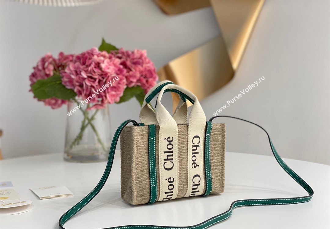 Chloe Mini Woody Tote Bag in Linen Canvas and Calfskin Leather Dark Green 2025 1120 (DLA-251120098)