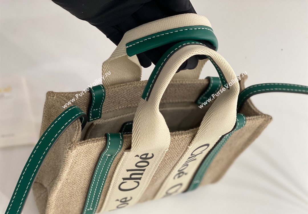 Chloe Mini Woody Tote Bag in Linen Canvas and Calfskin Leather Dark Green 2025 1120 (DLA-251120098)