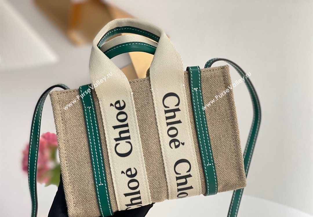 Chloe Mini Woody Tote Bag in Linen Canvas and Calfskin Leather Dark Green 2025 1120 (DLA-251120098)
