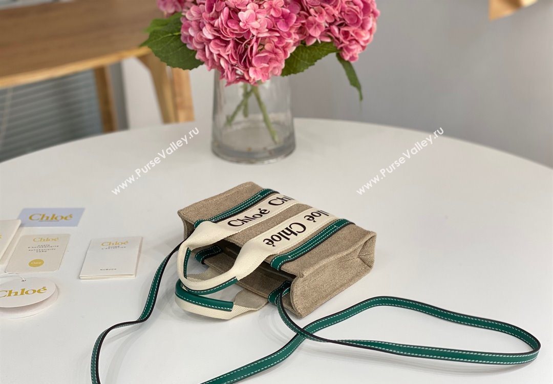 Chloe Mini Woody Tote Bag in Linen Canvas and Calfskin Leather Dark Green 2025 1120 (DLA-251120098)