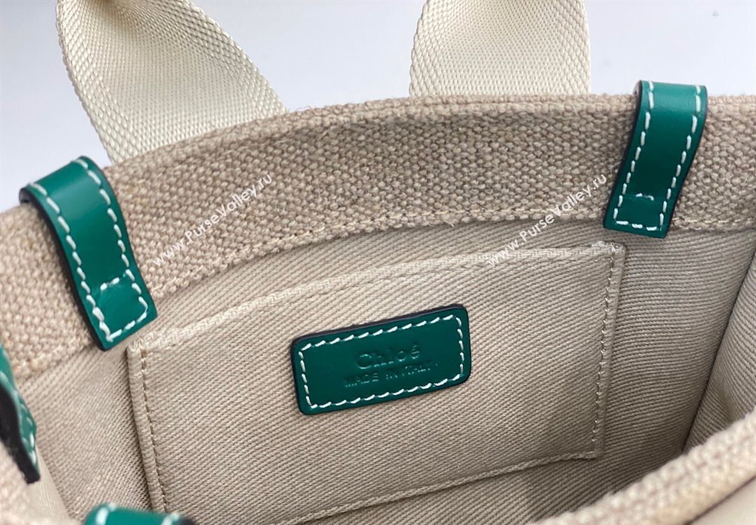 Chloe Mini Woody Tote Bag in Linen Canvas and Calfskin Leather Dark Green 2025 1120 (DLA-251120098)