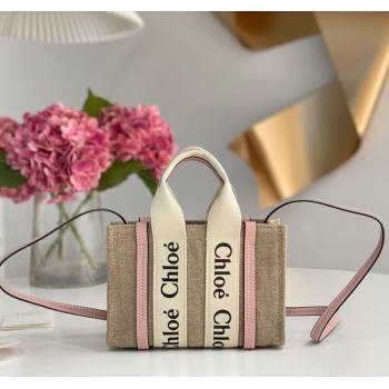 Chloe Mini Woody Tote Bag in Linen Canvas and Calfskin Leather Light Pink 2025 1120 (DLA-251120099)